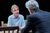 Sthbry-084 Phoebe Nicholls sits at wooden table, she wears a grey jumper and speaks to Alex Jennings.